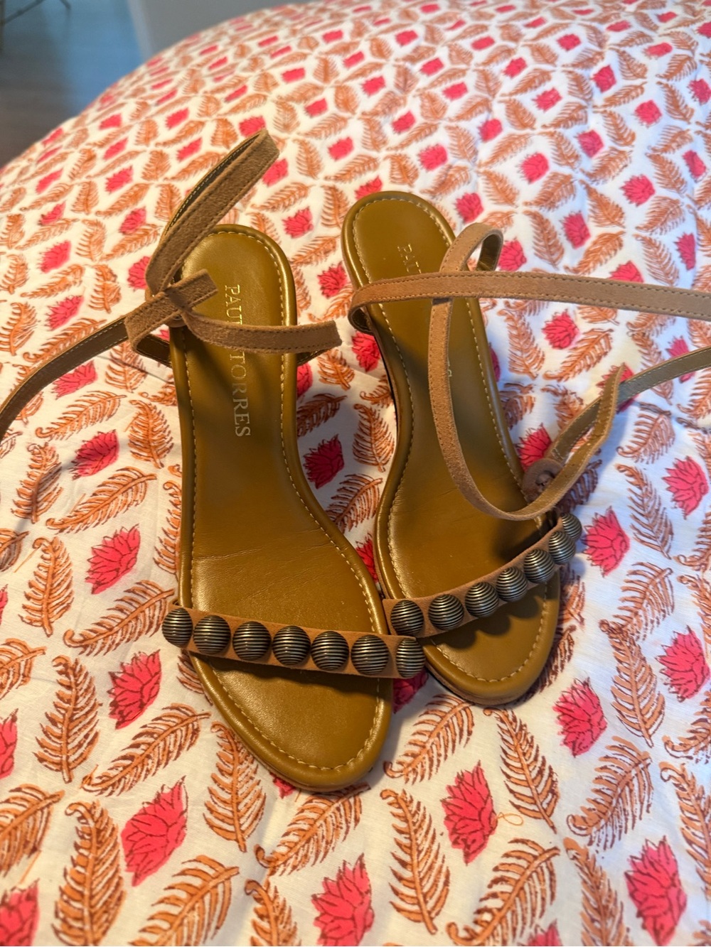 bp Brown Ankle-Tie Sandals with Dark Bronze Beaded Strap